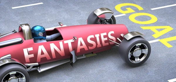 Fantasies helps reaching goals, pictured as a race car with a phrase Fantasies on a track as a metaphor of Fantasies playing vital role in achieving success, 3d illustration