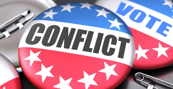 美国的冲突和选举 被描绘成带有美国国旗的反销按钮 象征着这场冲突可能是选举的一个重要部分 3D说明了这一点 — 图库照片