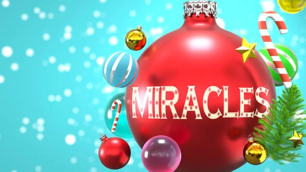 クリスマス休暇中の奇跡の接続と重要性を象徴する言葉奇跡と抽象的なクリスマスの装飾ボールとして描かれた奇跡 3Dイラスト — ストック写真