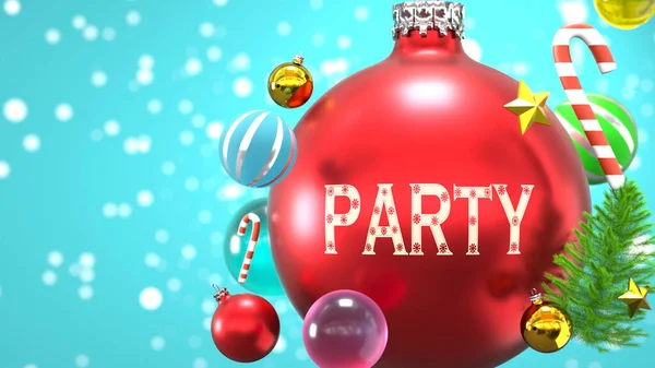 クリスマス休暇中の党の接続と重要性を象徴する言葉で抽象的なクリスマスの装飾ボールとして描かれたパーティーやクリスマス休暇 3Dイラスト — ストック写真