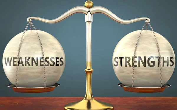 Weaknesses Strengths Staying Balance Pictured Metal Scale Weights Labels Weaknesses — Stock Photo, Image
