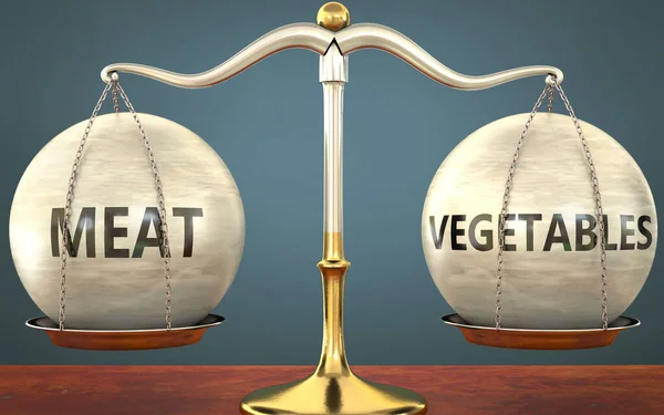 肉と野菜のバランスを保つ 重量とラベル付きの金属スケールとして描かれた肉と野菜それらの概念のバランスと対称性を象徴するために 3Dイラスト — ストック写真