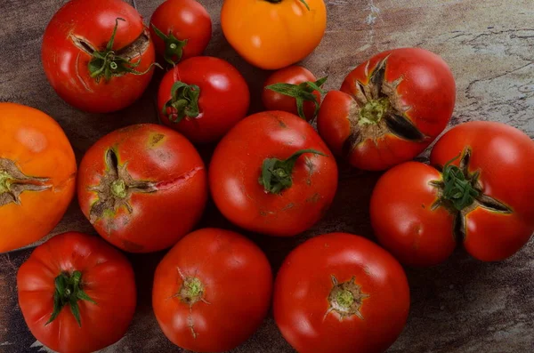 Abundancia Tomates Orgánicos Maduros Sobre Fondo Rústico Oscuro Tomates Coloridos —  Fotos de Stock