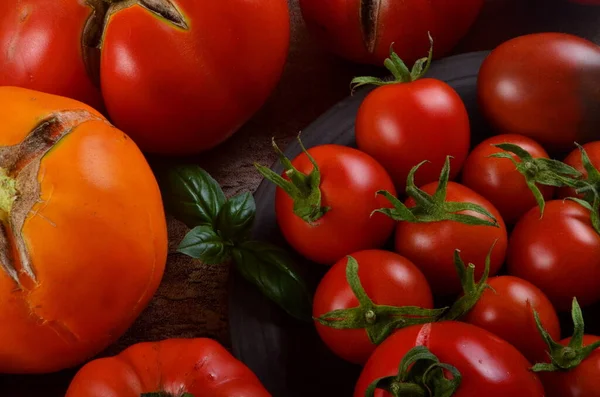 Pomodori Biologici Variopinti Pomodori Rossi Pomodori Gialli Aneto Basilico Sfondo — Foto Stock