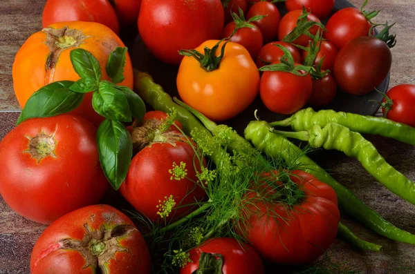 Tomates Rojos Maduros Albahaca Eneldo Sobre Fondo Rústico Oscuro Cosecha —  Fotos de Stock