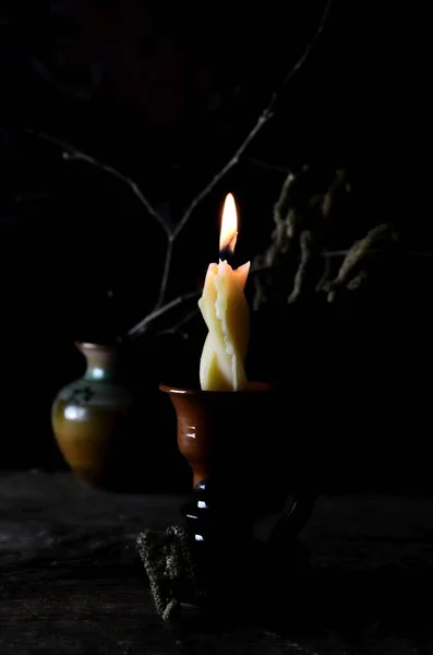 Спалювання Воскової Свічки Глиняному Тримачі Свічок Квітуча Гілка Ліщини Фоні — стокове фото