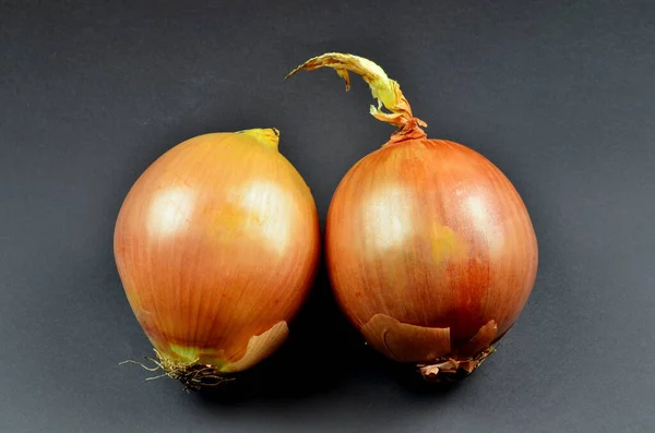 Duas Grandes Cebolas Doces Muitas Cebolas Pequenas Fundo Preto Cebola — Fotografia de Stock