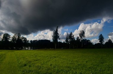 Yaz boyunca kara fırtına bulutları, Letonya 'nın ön planında ağaçlar ve çayırlar olan manzara. Düşük bulutlar