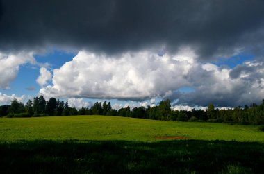 Yaz boyunca kara fırtına bulutları, Letonya 'nın ön planında ağaçlar ve çayırlar olan manzara. Düşük bulutlar
