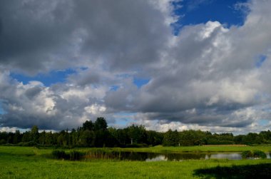 Yaz boyunca kara fırtına bulutları, Letonya 'nın ön planında ağaçlar ve çayırlar olan manzara. Düşük bulutlar