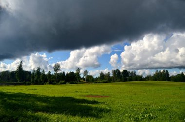 Yaz boyunca kara fırtına bulutları, Letonya 'nın ön planında ağaçlar ve çayırlar olan manzara. Düşük bulutlar
