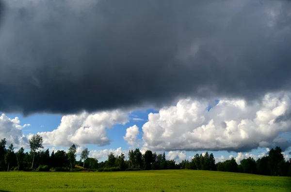 Černá Bouře Mraky Létě Krajina Stromy Loukami Popředí Lotyšsku Nízká — Stock fotografie