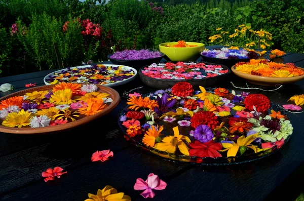 Bunte Gartenblumen Die Einem Runden Gefäß Auf Der Wasseroberfläche Schweben — Stockfoto