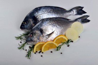 Beyaz arka planda limonlu, soğanlı ve biberiyeli iki taze Dorado balığı.