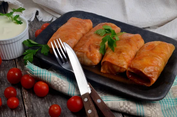 Rolos Repolho Recheados Com Carne Moída Arroz Deliciosas Folhas Repolho — Fotografia de Stock