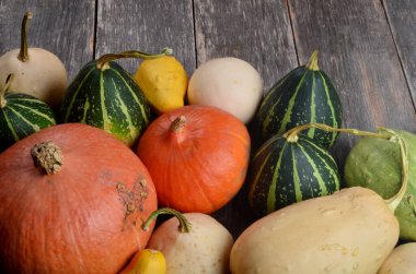 Ahşap bir arka planda bir grup renkli balkabağı. Sonbahar hasadının resmi