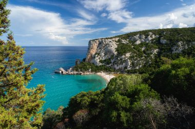 Temiz su ve ünlü kaya oluşumuyla güneşli bir sahil. Cala Luna plajı, Sardinya, İtalya