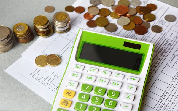 Várias Moedas São Colocadas Papéis Financeiros Juntamente Com Uma Calculadora — Fotografia de Stock