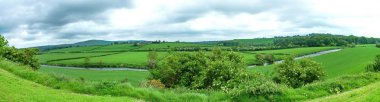 İrlanda 'nın Wicklow ilçesinde yeşil otlaklar panoramik