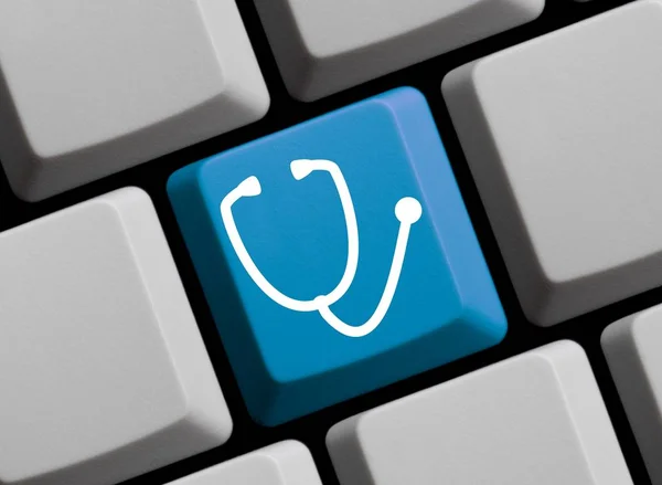 Teclado Azul Para Computadora Que Muestra Stehoscope Para Telemedicina Cxoncept — Foto de Stock