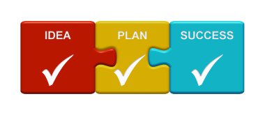 Üç bulmaca düğmesi fikir planı başarı gösteren onay sembolü