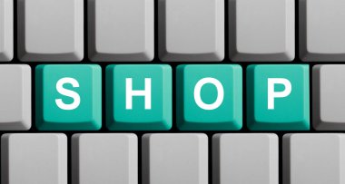 Bilgisayar klavye dükkanı gösterilen yeşil mavi tuşları