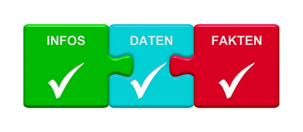 ドイツ語で情報データの事実を示す目盛りシンボルと つのパズルのボタン — ストック写真