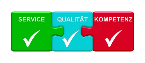 Three Puzzle Buttons Tick Symbol Showing Service Quality Expertise German — Stock Photo, Image