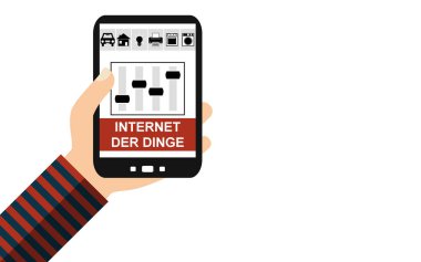Smartphone tutan el: Almanca dil - düz tasarım şeylerin Internet
