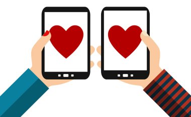 Kadın ve erkek el Smartphone tutarak: Love - düz tasarım