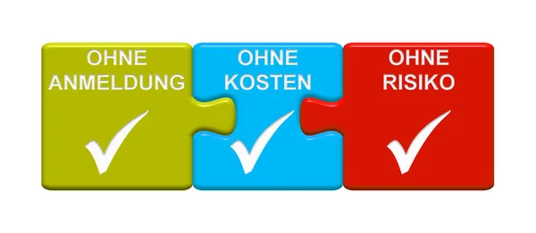 Three Puzzle Buttons Tick Symbols Showing Registration Costs Risk German — Stock Photo, Image