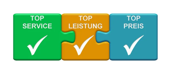 ドイツ語でトップ サービス トップ パフォーマンス上価格を示す目盛りシンボルと つのパズルのボタン — ストック写真