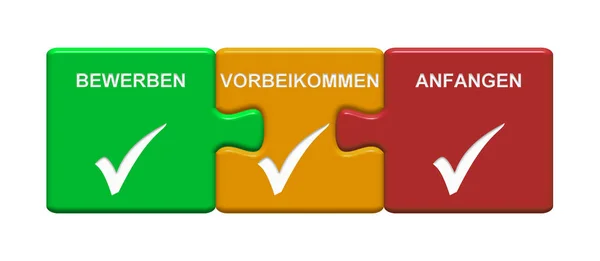 Three Puzzle Buttons Tick Symbols Showing Apply Come Start German — Stock Photo, Image