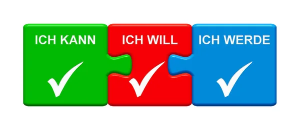 Three Puzzle Buttons with tick symbols showing I can I want I will in german language 3D rendering