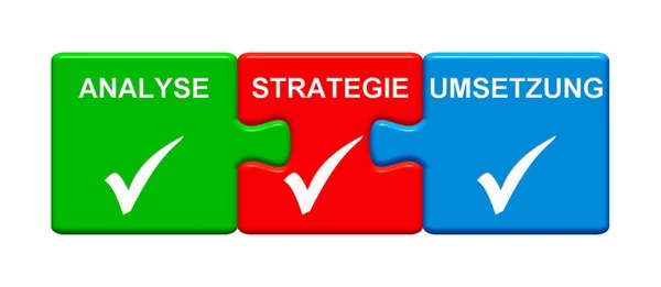 Three Puzzle Buttons Tick Symbols Showing Analysis Strategy Action German — Stock Photo, Image