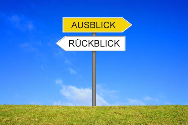 Signpost Showing Outlook Review German Language — Stock Photo, Image