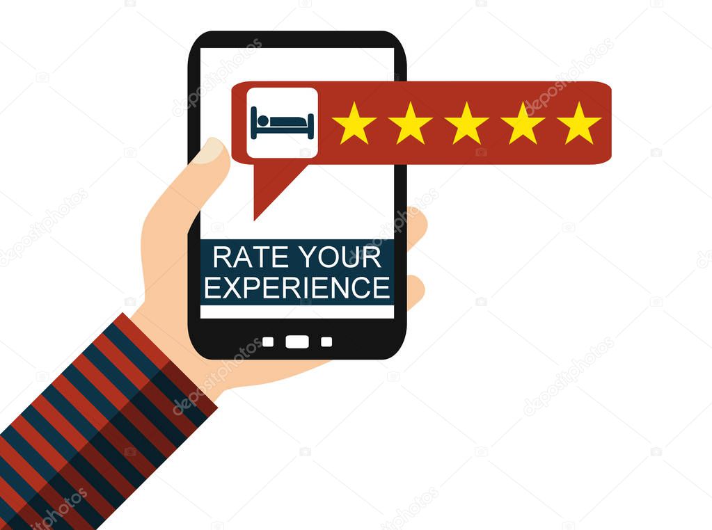Hand holding Smartphone: Hotel Review - Rate your Experience - Flat Design