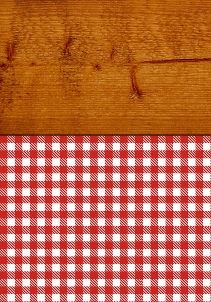 Tekstura Tło Drewniany Stół Biało Czerwoną Szachownicą Obrus — Zdjęcie stockowe