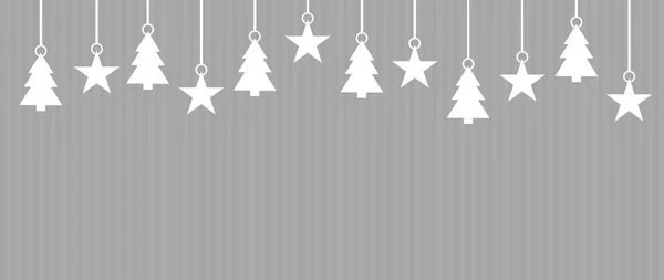 クリスマスの飾りがぶら下がっている白いシンプルなグレー ストライプ クリスマス バナー — ストック写真