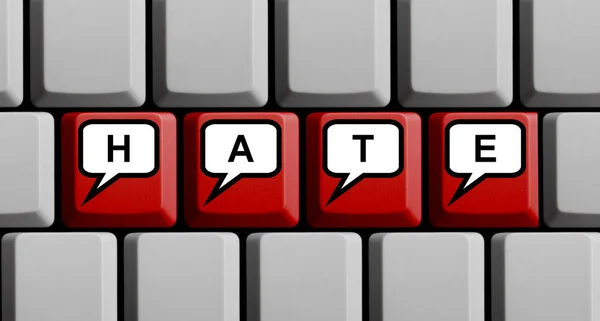 Red Computer Keyboard Showing Hate Speech Bubbles — Stock Photo, Image
