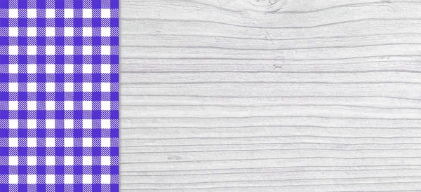 Lichte Houten Achtergrond Met Blauw Wit Geruit Tafelkleed — Stockfoto