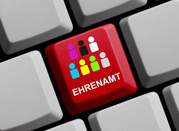 Rode Computertoetsenbord Met Kleurrijke Pictogrammen Die Vrijwilligerswerk Werk Duitse Taal — Stockfoto