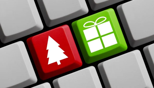 Computer Tastiera Rossa Verde Con Albero Natale Presente — Foto Stock