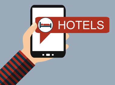 El Smartphone yatak simgesi ile tutarak: otel rezervasyonu - düz tasarım