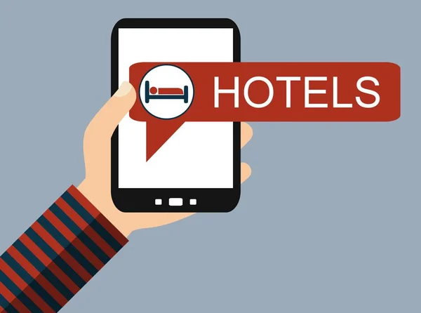 Mão Segurando Smartphone Com Bed Icon Hotel Booking Flat Design — Fotografia de Stock