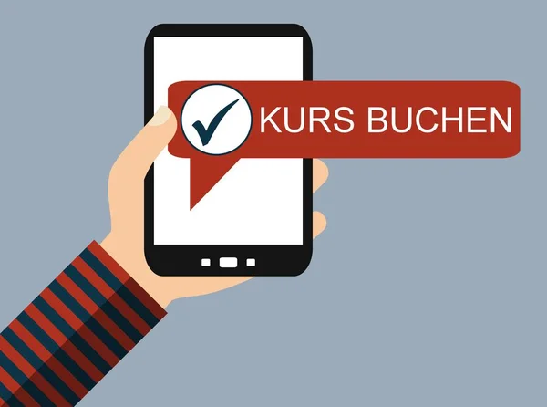 Hand Holding Smartphone Tick Icon Course Booking German Language Flat — Stock Photo, Image