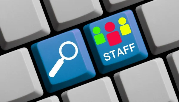 Blue Computer Keyboard Showing Search Staff — Stock Photo, Image
