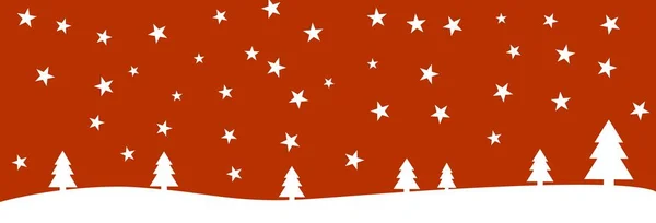 Red Background Banner Whiter Winter Landscape Fir Trees Stars — Stock Photo, Image