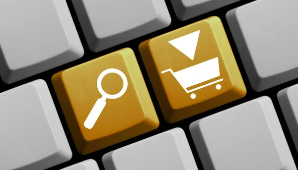 Yellow Computer Keyboard Magnifier Glass Showing Shopping Commerce — Stock Photo, Image