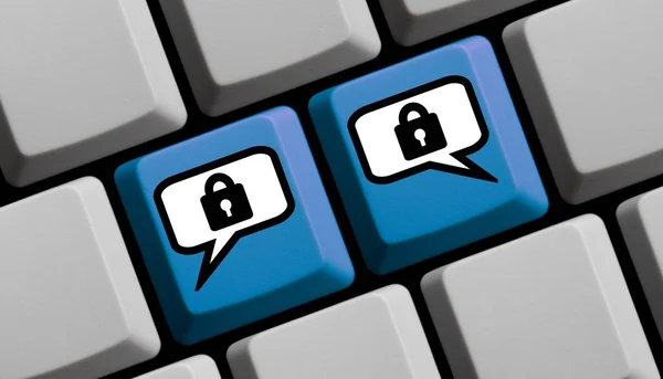 Blue Computer Keyboard Two Speech Bubbles Showing Secure Communication — Stock Photo, Image